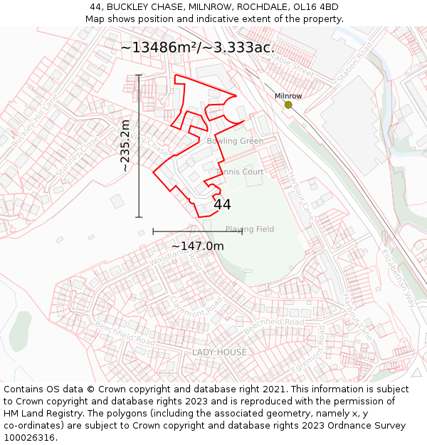 44, BUCKLEY CHASE, MILNROW, ROCHDALE, OL16 4BD: Plot and title map