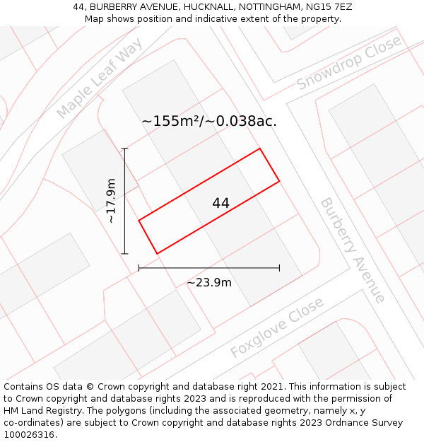 44, BURBERRY AVENUE, HUCKNALL, NOTTINGHAM, NG15 7EZ: Plot and title map