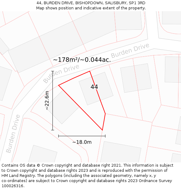 44, BURDEN DRIVE, BISHOPDOWN, SALISBURY, SP1 3RD: Plot and title map