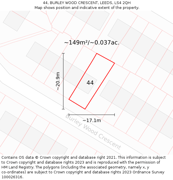 44, BURLEY WOOD CRESCENT, LEEDS, LS4 2QH: Plot and title map