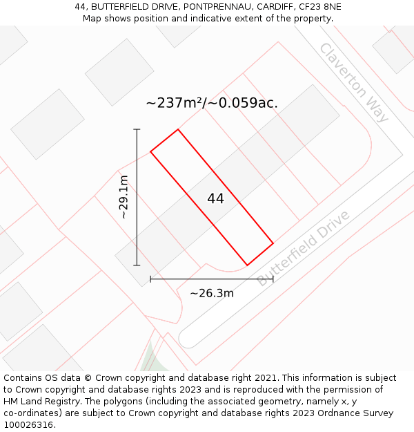 44, BUTTERFIELD DRIVE, PONTPRENNAU, CARDIFF, CF23 8NE: Plot and title map