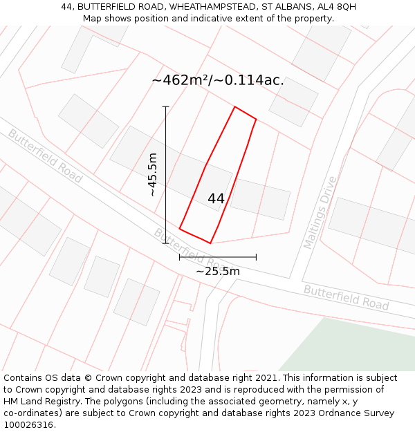 44, BUTTERFIELD ROAD, WHEATHAMPSTEAD, ST ALBANS, AL4 8QH: Plot and title map