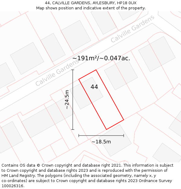 44, CALVILLE GARDENS, AYLESBURY, HP18 0UX: Plot and title map