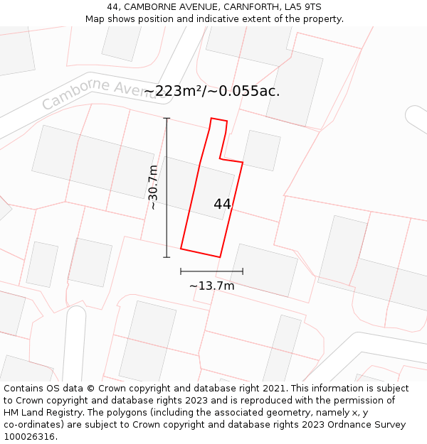 44, CAMBORNE AVENUE, CARNFORTH, LA5 9TS: Plot and title map
