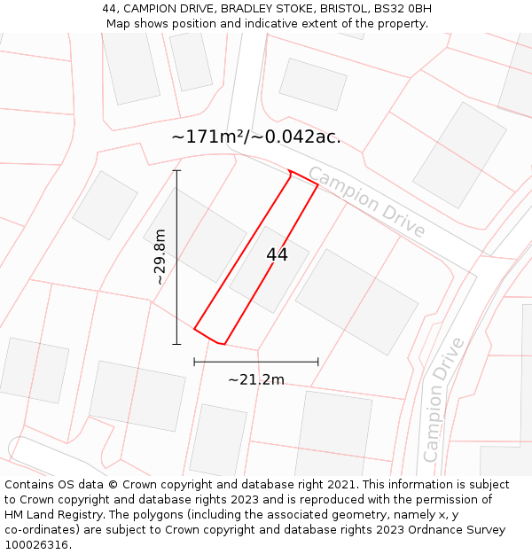 44, CAMPION DRIVE, BRADLEY STOKE, BRISTOL, BS32 0BH: Plot and title map