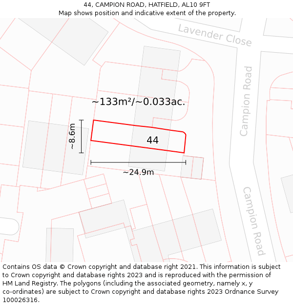 44, CAMPION ROAD, HATFIELD, AL10 9FT: Plot and title map