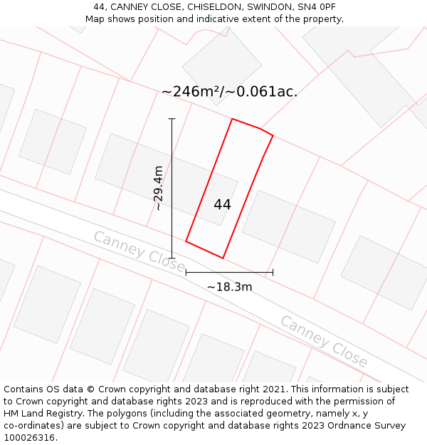 44, CANNEY CLOSE, CHISELDON, SWINDON, SN4 0PF: Plot and title map