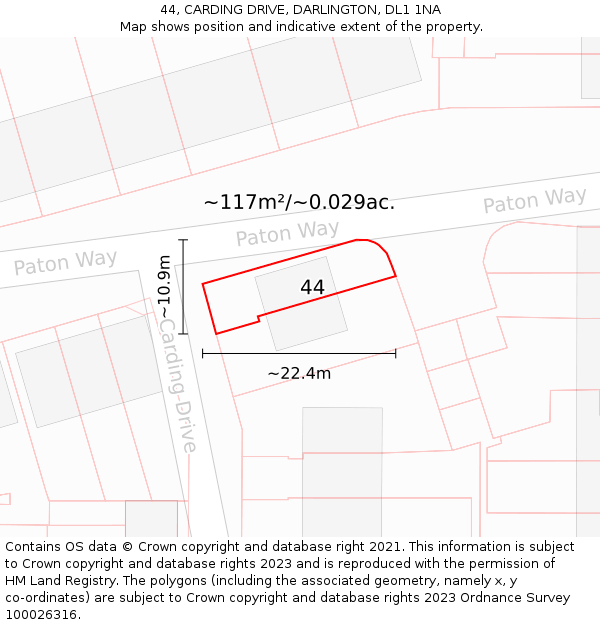 44, CARDING DRIVE, DARLINGTON, DL1 1NA: Plot and title map