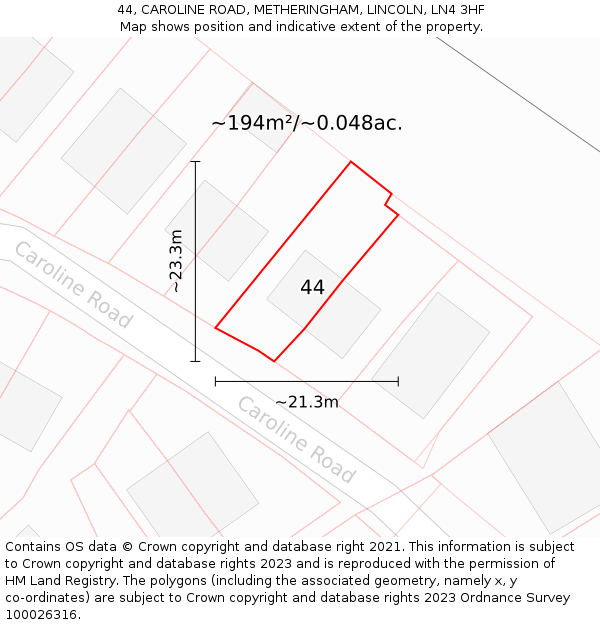 44, CAROLINE ROAD, METHERINGHAM, LINCOLN, LN4 3HF: Plot and title map
