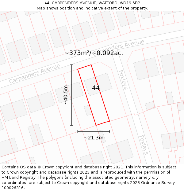 44, CARPENDERS AVENUE, WATFORD, WD19 5BP: Plot and title map