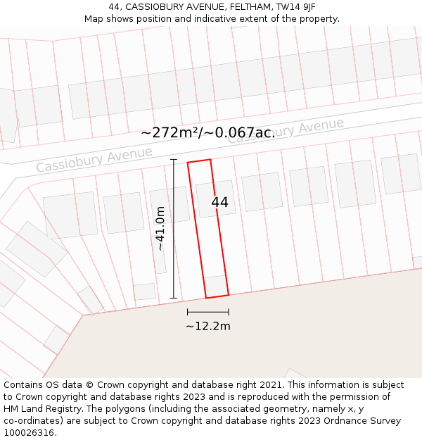 44, CASSIOBURY AVENUE, FELTHAM, TW14 9JF: Plot and title map