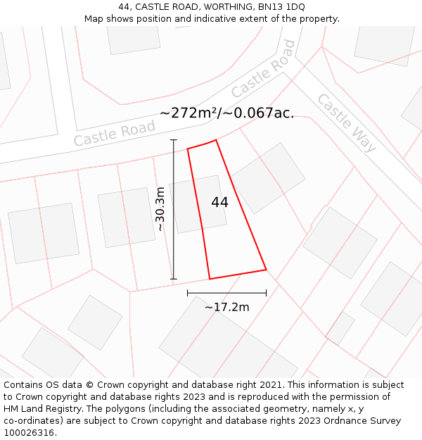 44, CASTLE ROAD, WORTHING, BN13 1DQ: Plot and title map
