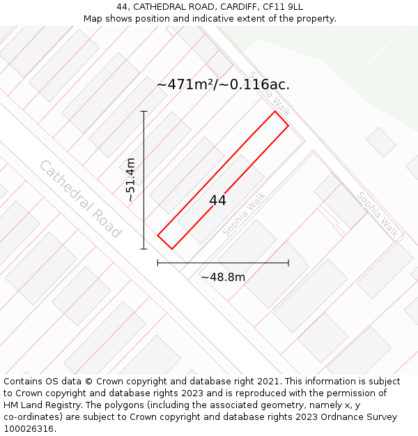 44, CATHEDRAL ROAD, CARDIFF, CF11 9LL: Plot and title map