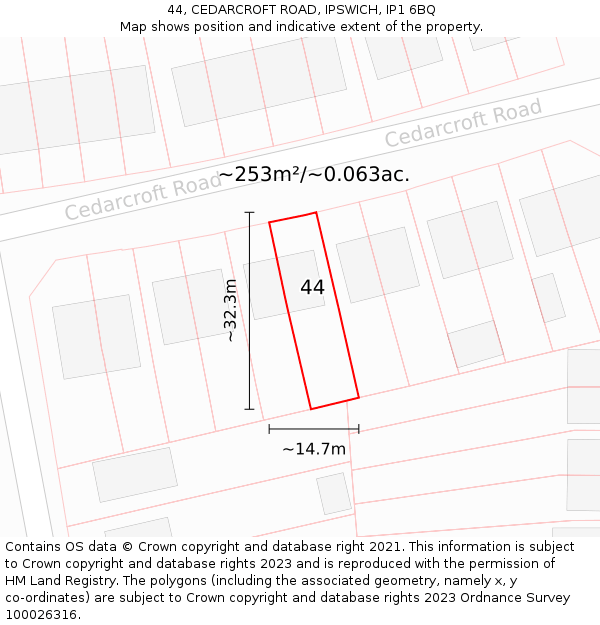 44, CEDARCROFT ROAD, IPSWICH, IP1 6BQ: Plot and title map