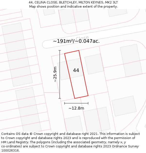 44, CELINA CLOSE, BLETCHLEY, MILTON KEYNES, MK2 3LT: Plot and title map