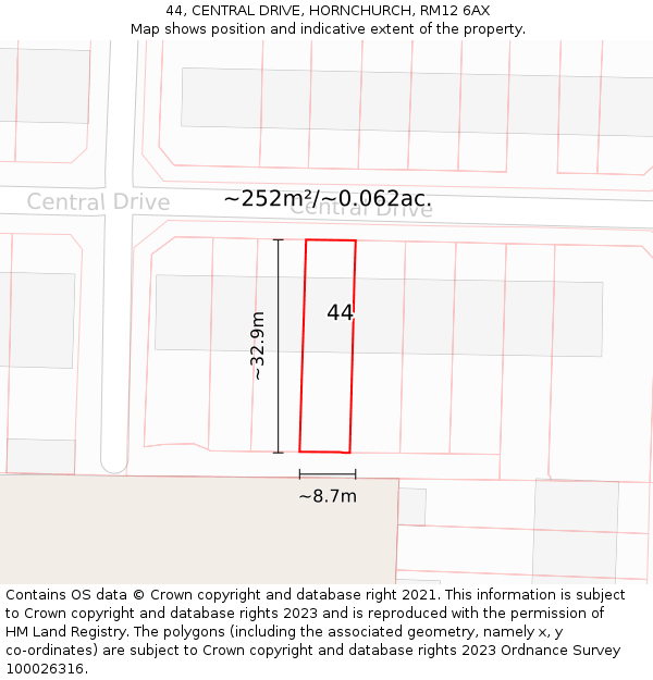 44, CENTRAL DRIVE, HORNCHURCH, RM12 6AX: Plot and title map