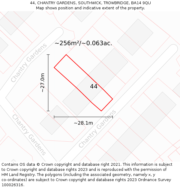 44, CHANTRY GARDENS, SOUTHWICK, TROWBRIDGE, BA14 9QU: Plot and title map