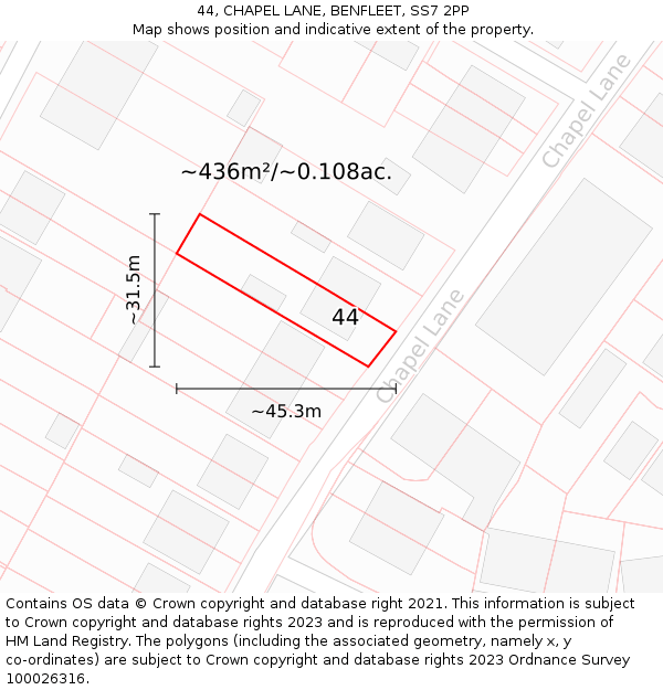 44, CHAPEL LANE, BENFLEET, SS7 2PP: Plot and title map