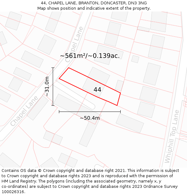 44, CHAPEL LANE, BRANTON, DONCASTER, DN3 3NG: Plot and title map