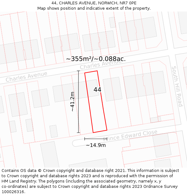 44, CHARLES AVENUE, NORWICH, NR7 0PE: Plot and title map