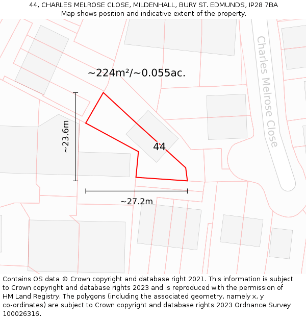 44, CHARLES MELROSE CLOSE, MILDENHALL, BURY ST. EDMUNDS, IP28 7BA: Plot and title map