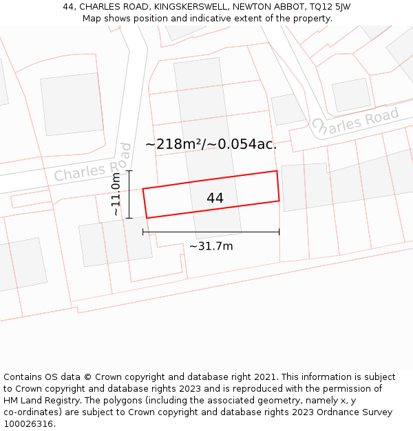 44, CHARLES ROAD, KINGSKERSWELL, NEWTON ABBOT, TQ12 5JW: Plot and title map