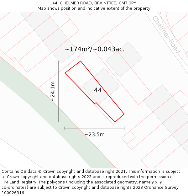 44, CHELMER ROAD, BRAINTREE, CM7 3PY: Plot and title map