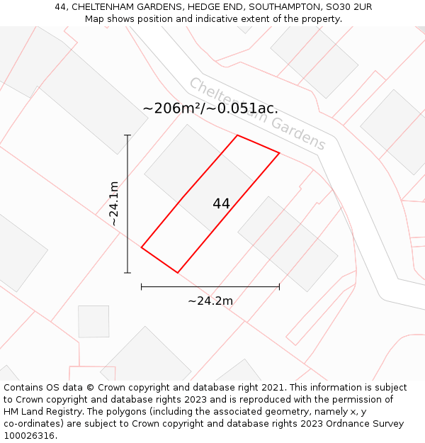 44, CHELTENHAM GARDENS, HEDGE END, SOUTHAMPTON, SO30 2UR: Plot and title map