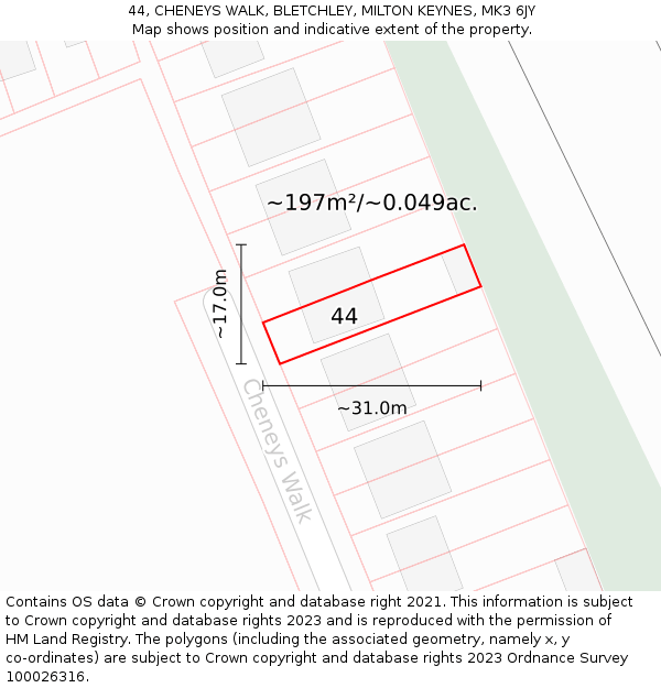 44, CHENEYS WALK, BLETCHLEY, MILTON KEYNES, MK3 6JY: Plot and title map