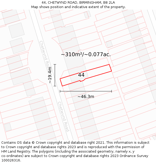 44, CHETWYND ROAD, BIRMINGHAM, B8 2LA: Plot and title map