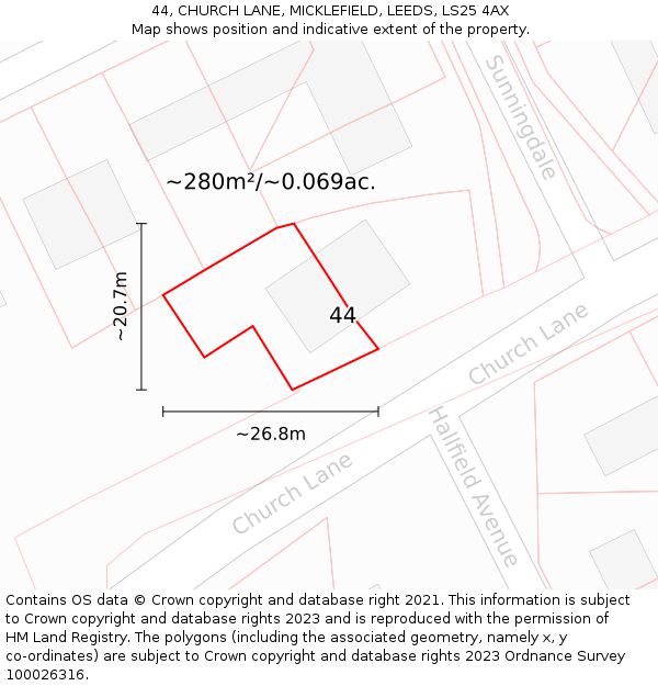 44, CHURCH LANE, MICKLEFIELD, LEEDS, LS25 4AX: Plot and title map