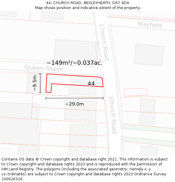 44, CHURCH ROAD, BEXLEYHEATH, DA7 4DA: Plot and title map
