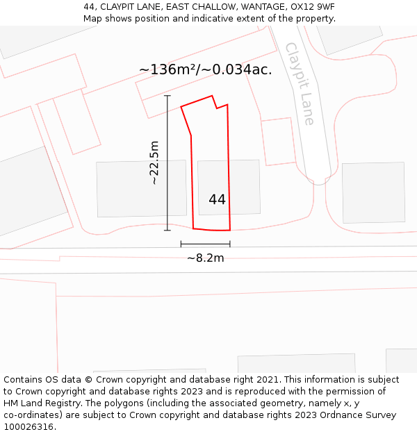 44, CLAYPIT LANE, EAST CHALLOW, WANTAGE, OX12 9WF: Plot and title map