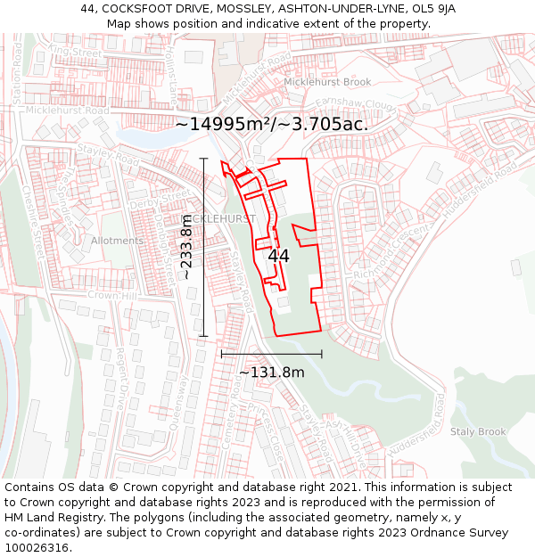 44, COCKSFOOT DRIVE, MOSSLEY, ASHTON-UNDER-LYNE, OL5 9JA: Plot and title map