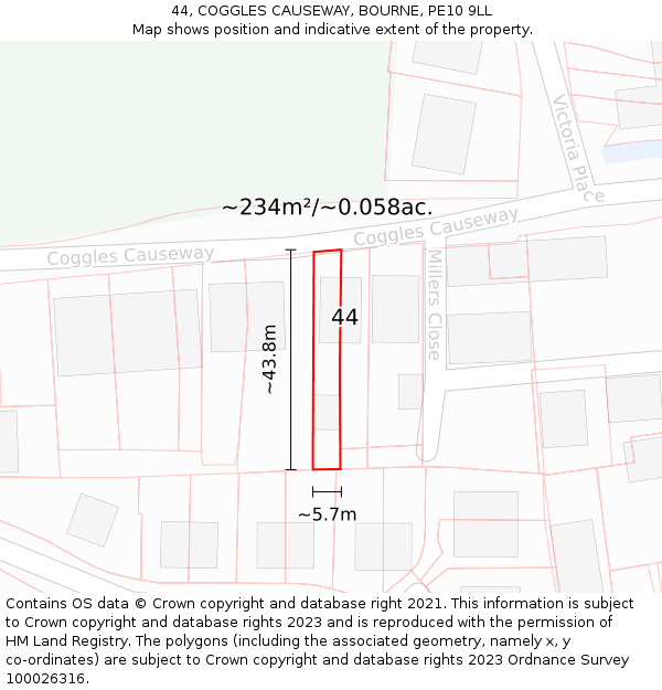 44, COGGLES CAUSEWAY, BOURNE, PE10 9LL: Plot and title map