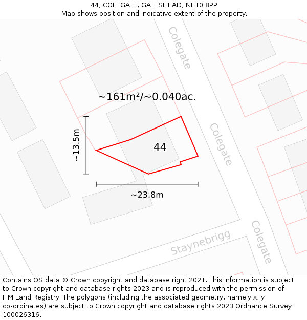 44, COLEGATE, GATESHEAD, NE10 8PP: Plot and title map