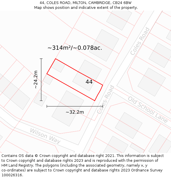 44, COLES ROAD, MILTON, CAMBRIDGE, CB24 6BW: Plot and title map