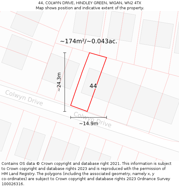 44, COLWYN DRIVE, HINDLEY GREEN, WIGAN, WN2 4TX: Plot and title map
