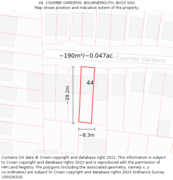 44, COOMBE GARDENS, BOURNEMOUTH, BH10 5AG: Plot and title map