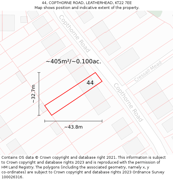 44, COPTHORNE ROAD, LEATHERHEAD, KT22 7EE: Plot and title map