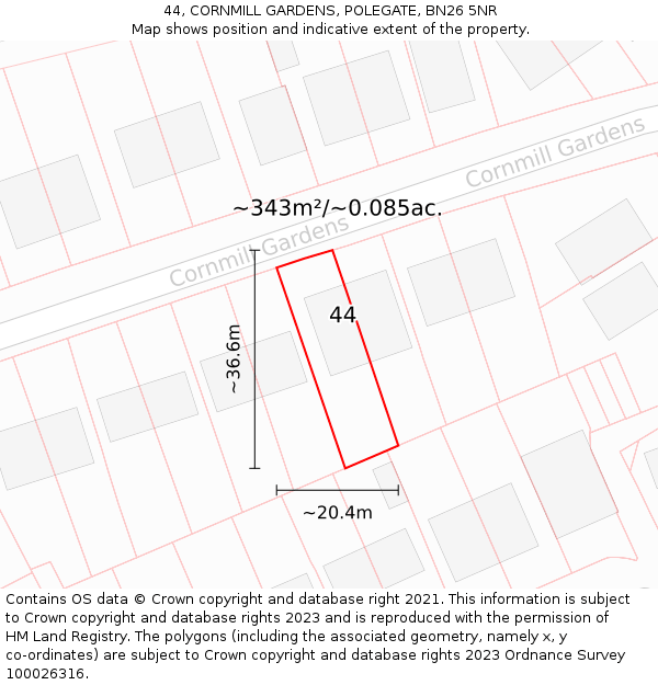 44, CORNMILL GARDENS, POLEGATE, BN26 5NR: Plot and title map