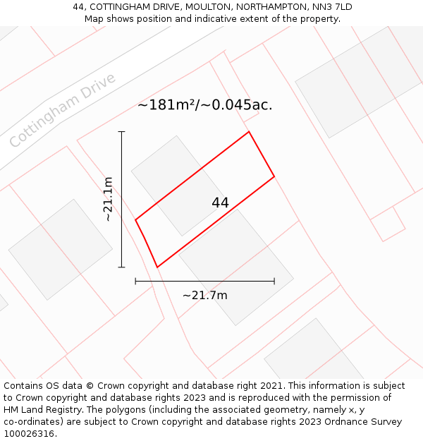 44, COTTINGHAM DRIVE, MOULTON, NORTHAMPTON, NN3 7LD: Plot and title map