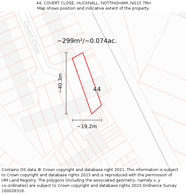 44, COVERT CLOSE, HUCKNALL, NOTTINGHAM, NG15 7RH: Plot and title map
