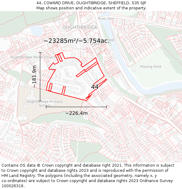 44, COWARD DRIVE, OUGHTIBRIDGE, SHEFFIELD, S35 0JP: Plot and title map