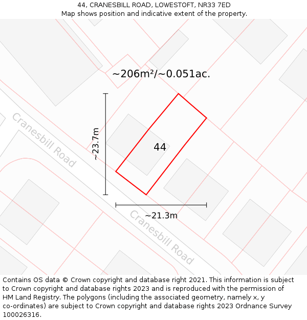 44, CRANESBILL ROAD, LOWESTOFT, NR33 7ED: Plot and title map