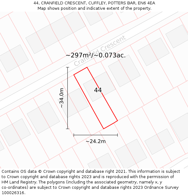 44, CRANFIELD CRESCENT, CUFFLEY, POTTERS BAR, EN6 4EA: Plot and title map