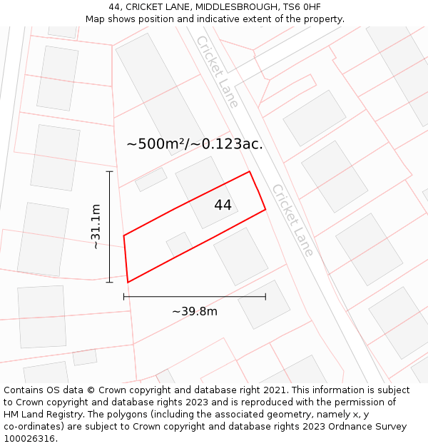 44, CRICKET LANE, MIDDLESBROUGH, TS6 0HF: Plot and title map