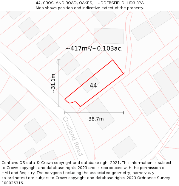 44, CROSLAND ROAD, OAKES, HUDDERSFIELD, HD3 3PA: Plot and title map