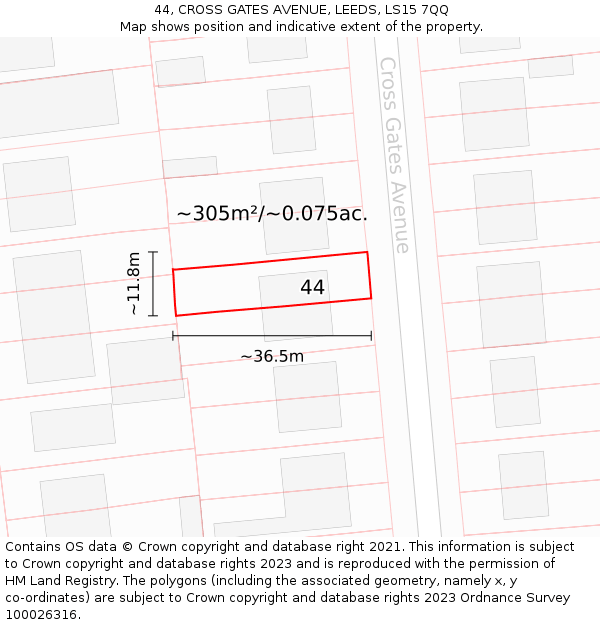 44, CROSS GATES AVENUE, LEEDS, LS15 7QQ: Plot and title map