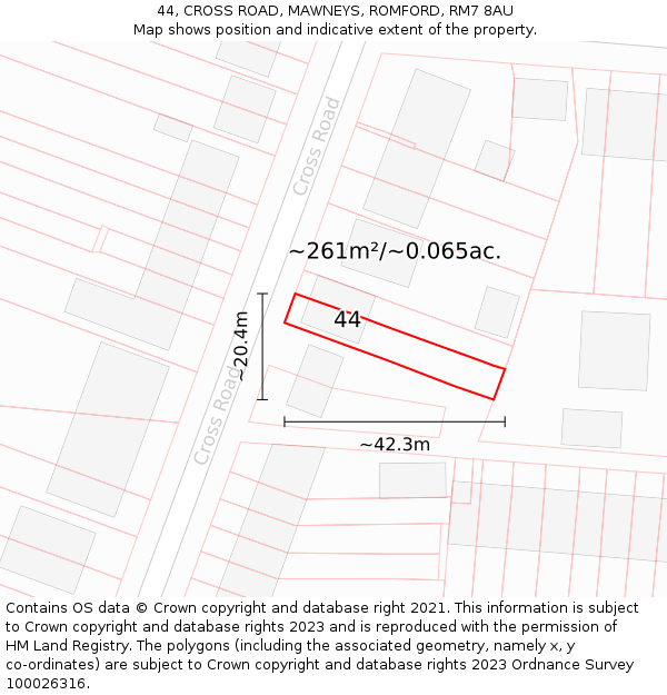 44, CROSS ROAD, MAWNEYS, ROMFORD, RM7 8AU: Plot and title map